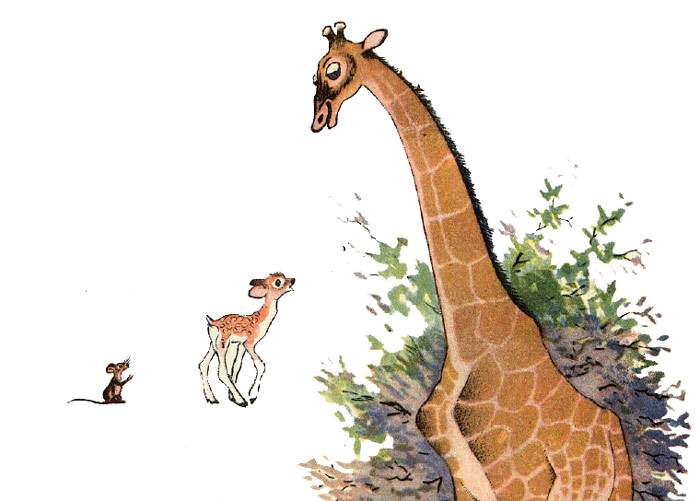 Жираф смеется над олененком, рисунок иллюстрация