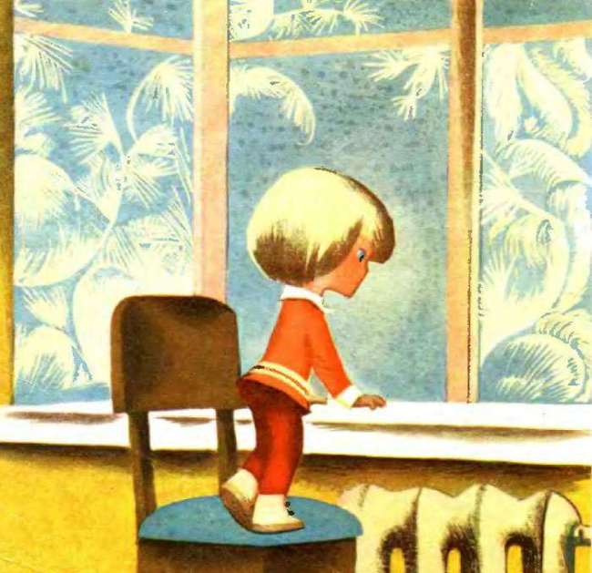 Девочка смотрит в окно, рисунок иллюстрация