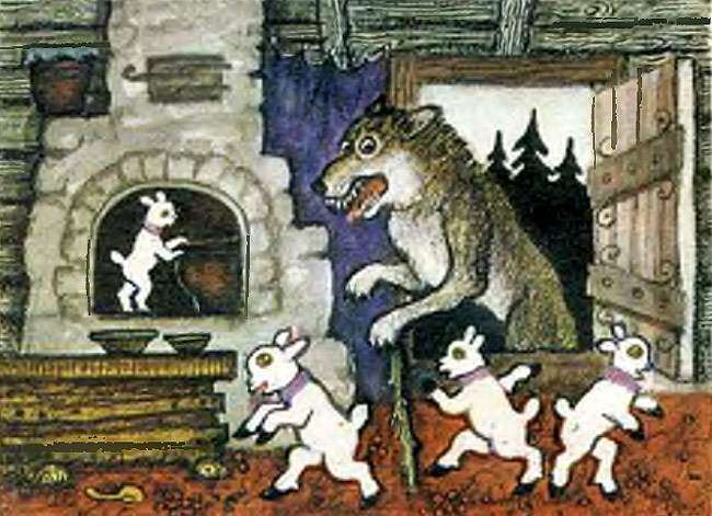 Волк ворвался в избушку с козлятами, рисунок иллюстрация