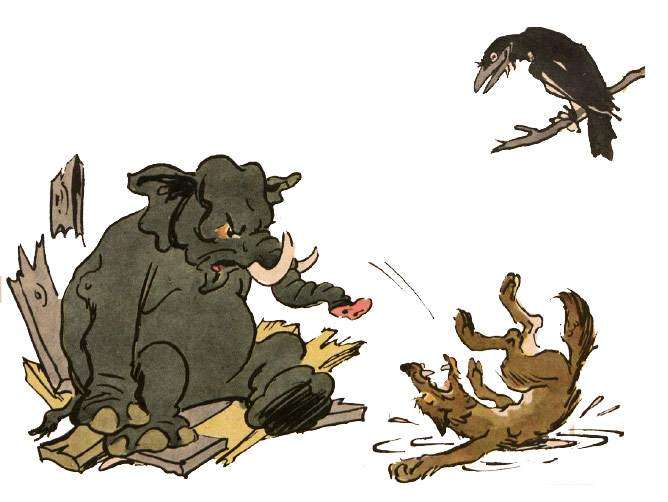 Слон разозлился на Волка, рисунок иллюстрация