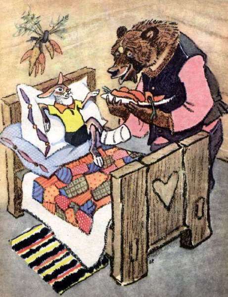 Заяц-обманщик у медведя в берлоге, рисунок иллюстрация