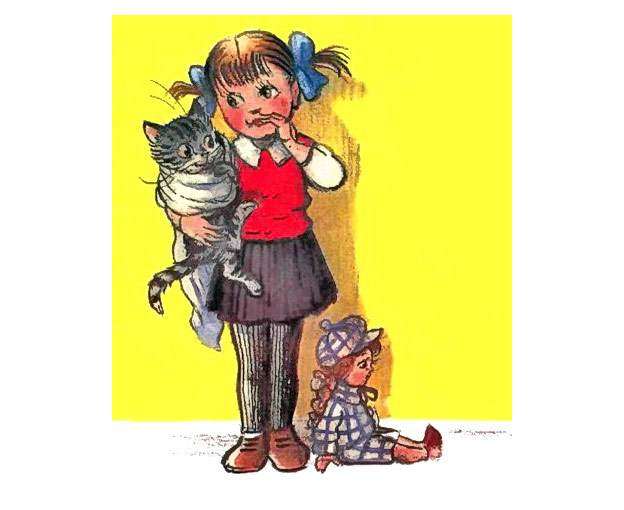 Девочка с котенком, рисунок иллюстрация