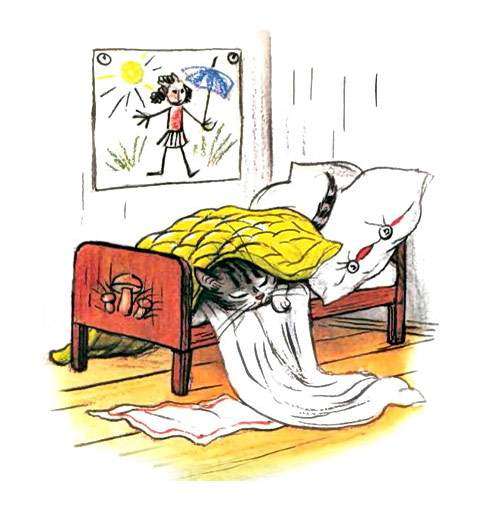 Котенок неправильно спит в кроватке, рисунок иллюстрация