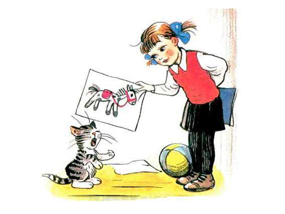 Девочка учит котенка, рисунок иллюстрация