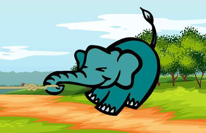 Слон тянет за веревку, рисунок иллюстрация