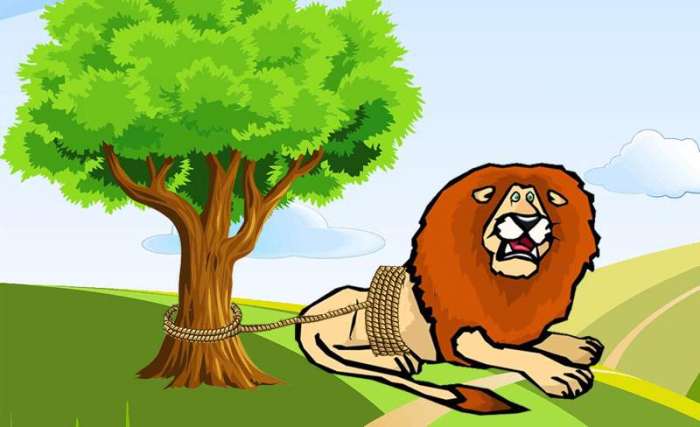 Лев, привязанный к дереву, рисунок иллюстрация