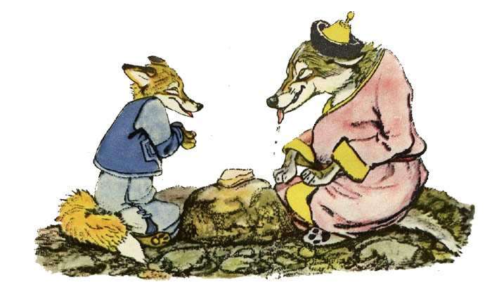 Лиса и волк нашли сало, рисунок иллюстрация