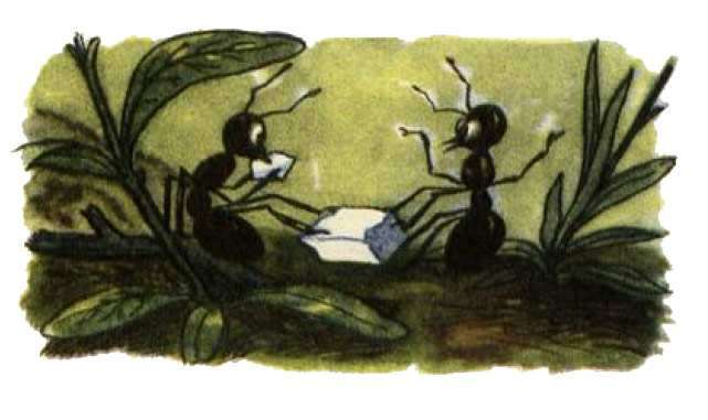 Муравей встретил другого муравья и они едят сахар, рисунок иллюстрация