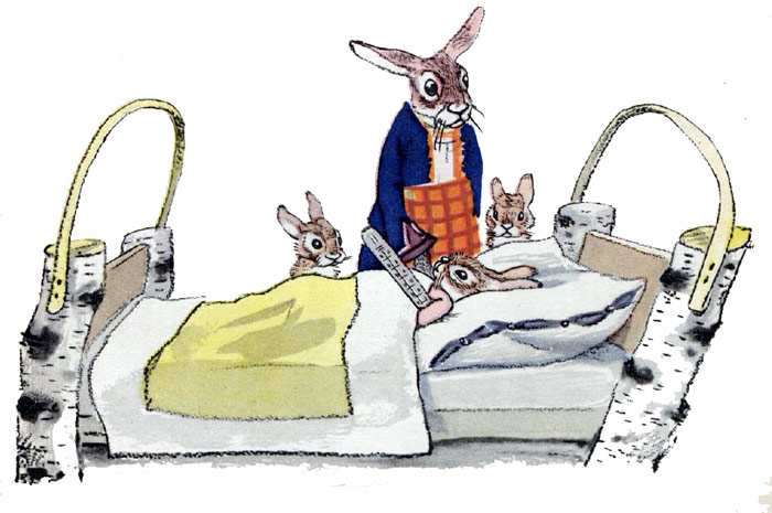Заяц-долгоушко лежит больным в постели, рисунок иллюстрация