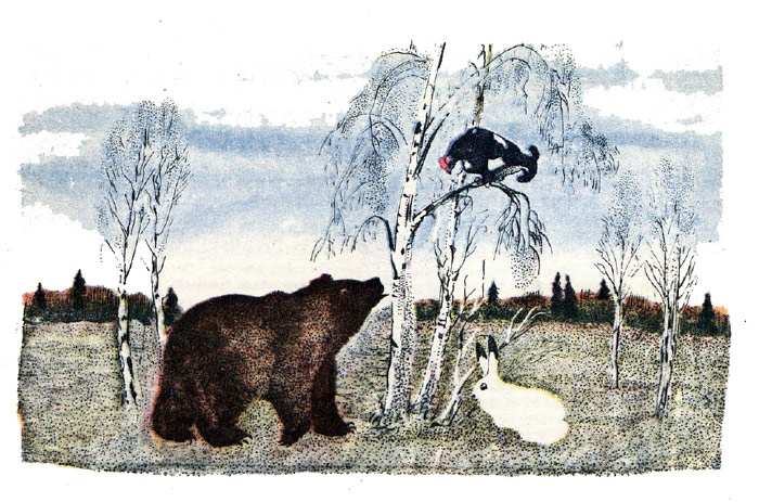 Медведь, заяц и тетерев, рисунок иллюстрация