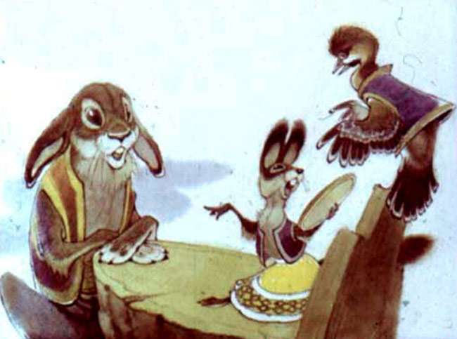 Заяц, белка и сойка спорят из-за зеркальца, рисунок иллюстрация