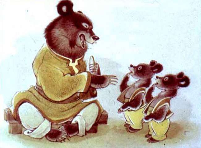 Медведь показал зеркальце медвежатам, рисунок иллюстрация