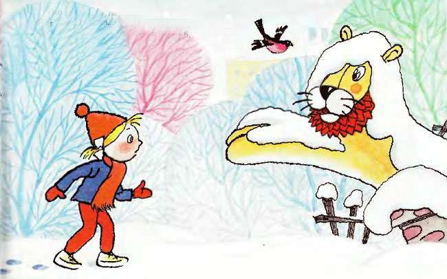 Льва завалило снегом, рисунок иллюстрация