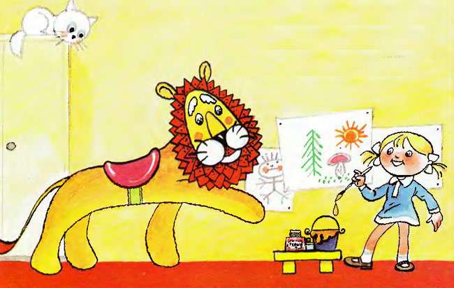 Девочка лечит карусельного льва, рисунок иллюстрация