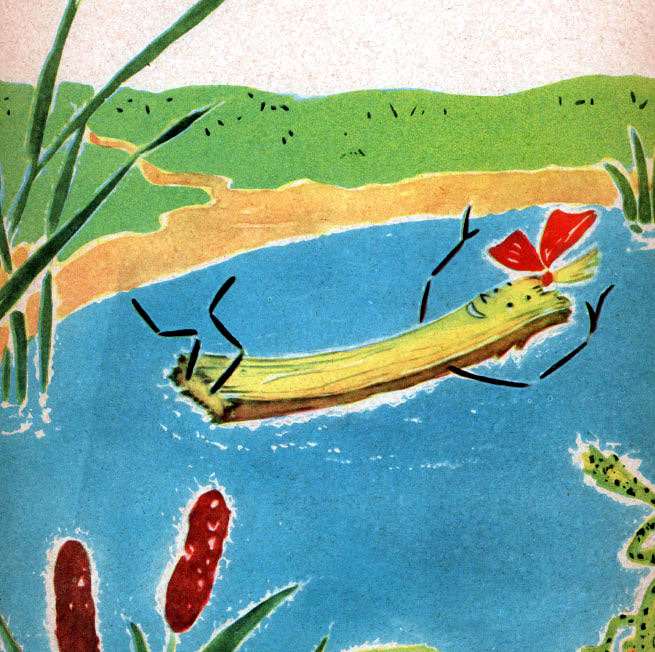 Щепочка плавает по поверхности воды, рисунок иллюстрация
