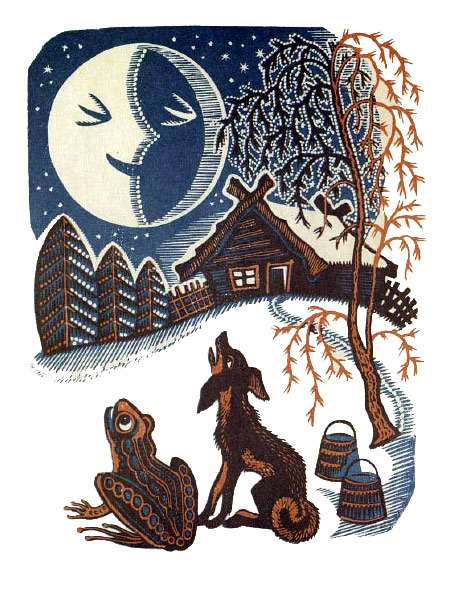 Старуха видит на луне играющих лягушку и собаку, рисунок иллюстрация