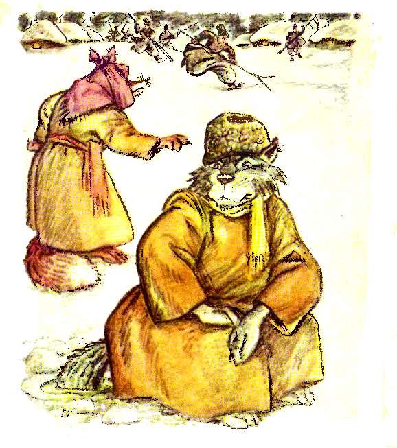 Волк ловит рыбу своим хвостом, рисунок иллюстрация