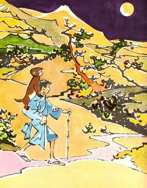 Обезьянка ведет Сабуро к своему дедушке, рисунок иллюстрация