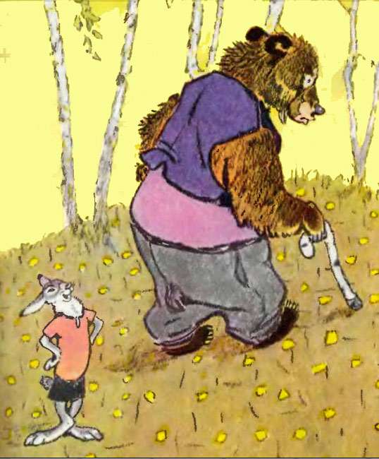Заяц смеется над медведем, рисунок иллюстрация