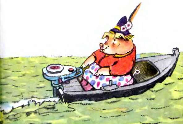 Свинья плывет на лодке, рисунок иллюстрация