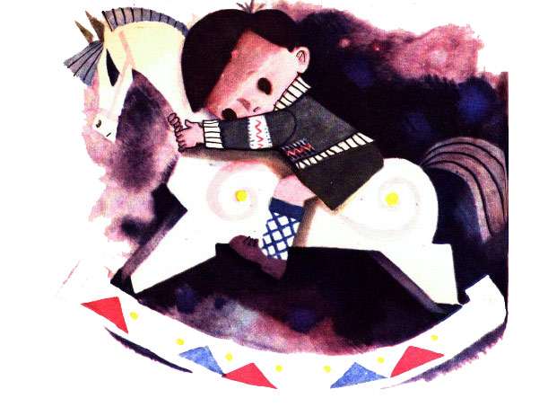 Мальчик катается на деревянной лошадке, рисунок иллюстрация