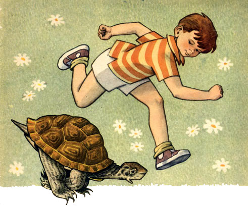 Мальчик с черепахой бежит наперегонки, рисунок иллюстрация