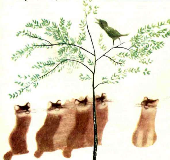 Кошки наблюдают за скворцом, рисунок иллюстрация