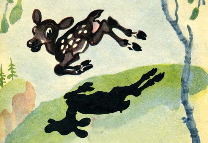 Олень убегает от своей тени, рисунок иллюстрация