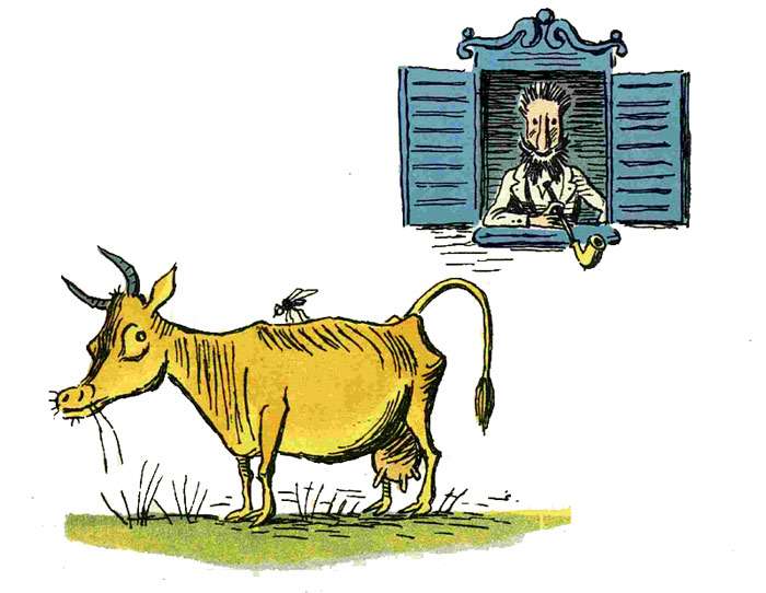 Муха интересуется у коровы для чего ей хвост, рисунок иллюстрация