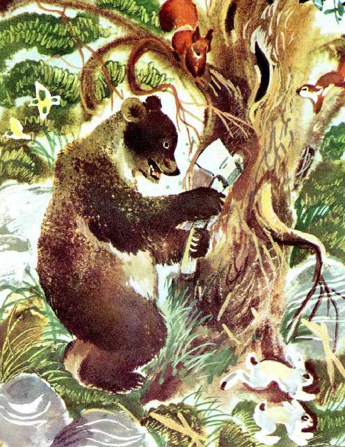 Медведь рубит дерево обухом топора, рисунок иллюстрация