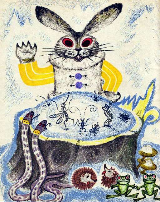 Заяц в белой шубке разбудил насекомых, рисунок иллюстрация