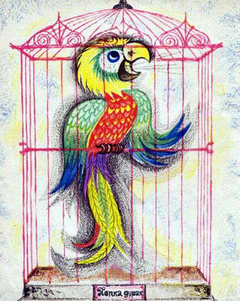 Попугай Карро в клетке, рисунок иллюстрация