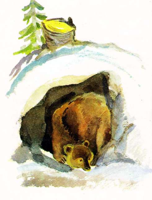 Мишка везет грибы в детский сад, рисунок иллюстрация