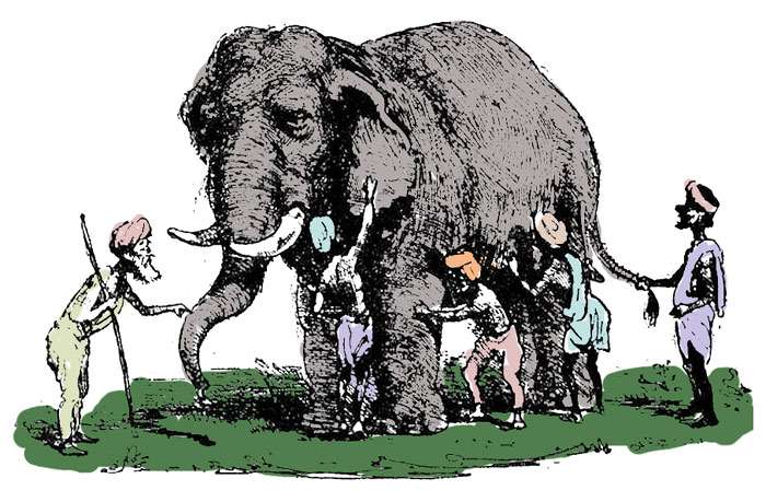 Слепые трогают щупают слона, рисунок иллюстрация