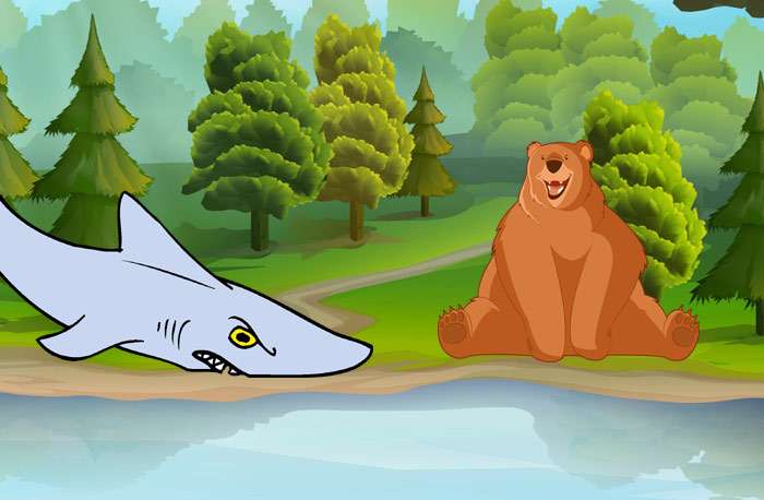 Медведь вытащил акулу на берег, рисунок иллюстрация