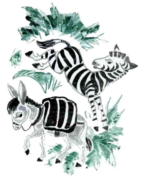 Зебра и осел гуляют по саванне, рисунок иллюстрация