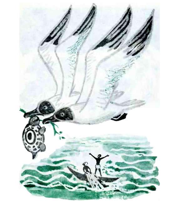 Две чайки несут черепаху над морем, рисунок иллюстрация