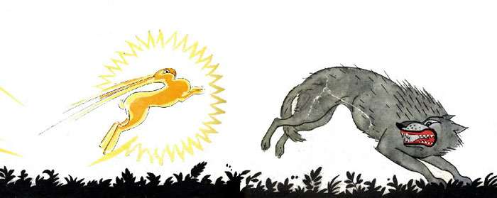 Зайчик гонится за волком, рисунок иллюстрация