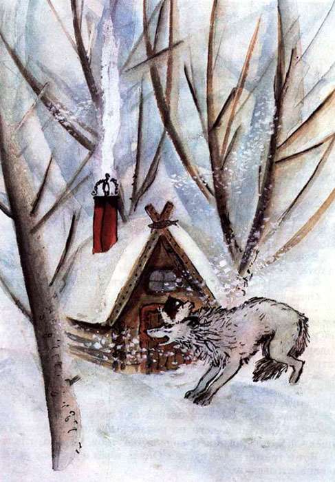 Волк пришел к домику овцы, рисунок иллюстрация