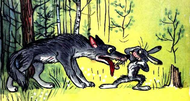 Волк встретил зайца на опушке, рисунок иллюстрация