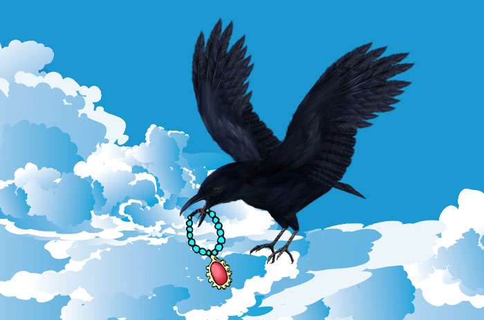 Ворона несет колье в клюве, рисунок иллюстрация