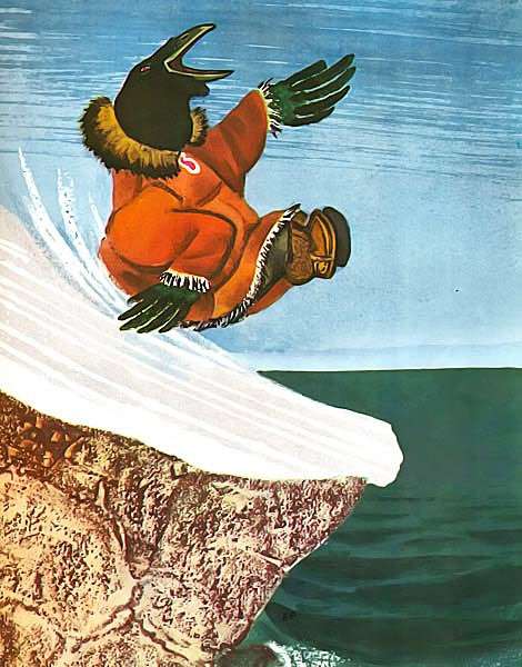 Ворон катается с горы, рисунок иллюстрация
