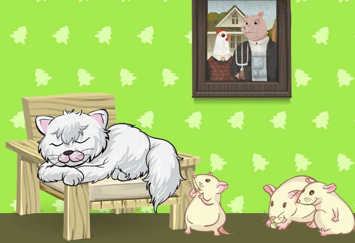 Мыши не боятся кота Василия и воруют у него еду, рисунок иллюстрация