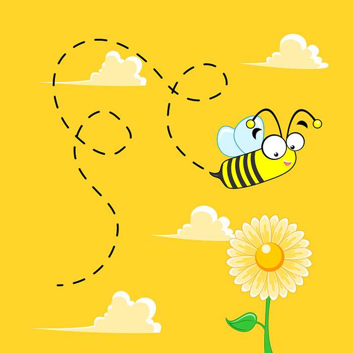 Пчела летает около цветка, рисунок иллюстрация