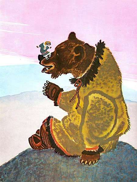 Евражка лежит на носу медведя, рисунок иллюстрация Рачева