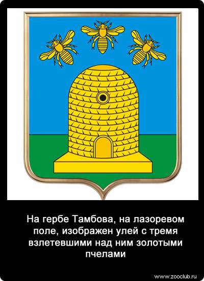 На гербе Тамбова, на лазоревом поле, изображен улей с тремя взлетевшими над ним золотыми пчелами.