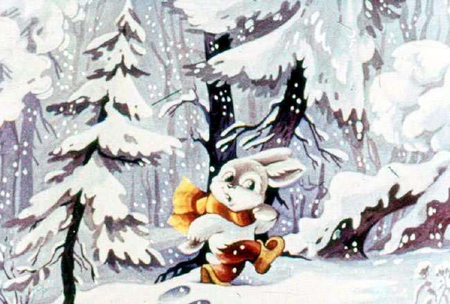 Зайчишка-Пушишка идет по снегу домой, рисунок иллюстрация