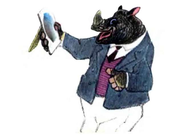 Носорог смеется над своим отражением в зеркале, рисунок иллюстрация