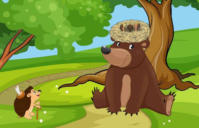 Медведь с гнездом на голове, рисунок иллюстрация