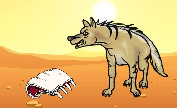 Жадная гиена караулит кусок мяса, рисунок иллюстрация